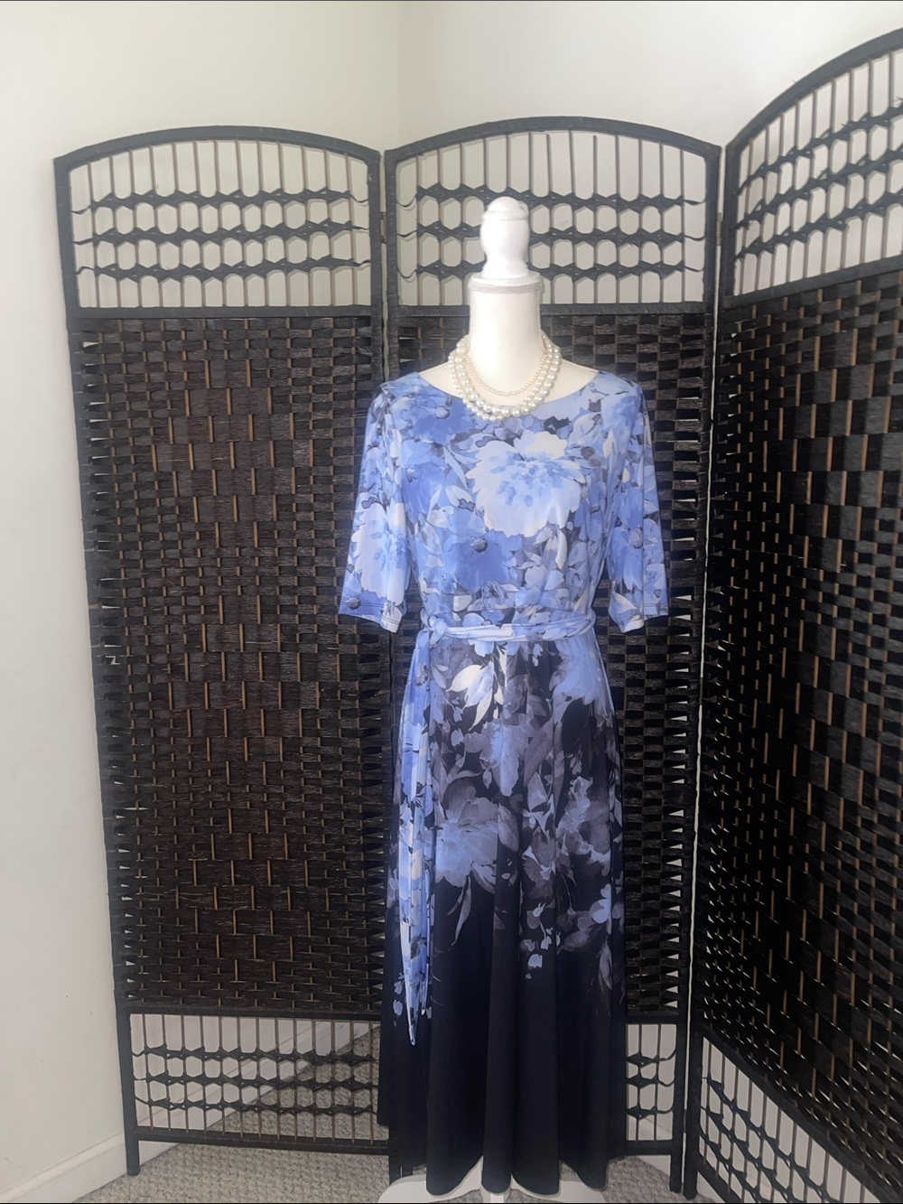 Kasper Blue and Black Floral Tie-Waist Midi Dress